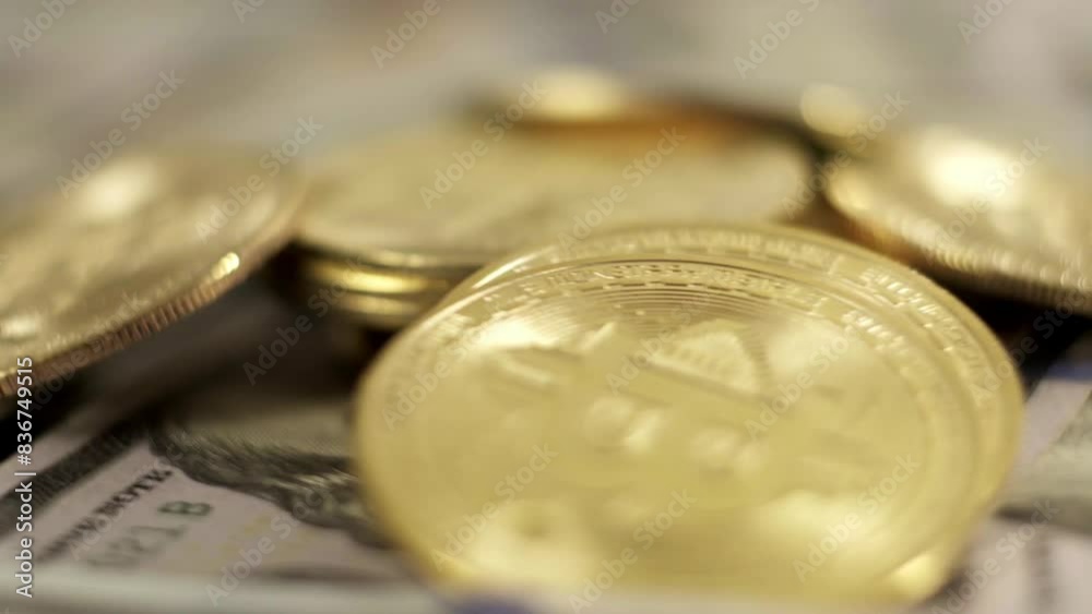pile of btc bitcoin golden coin crypto currency with usd dollars bill note 