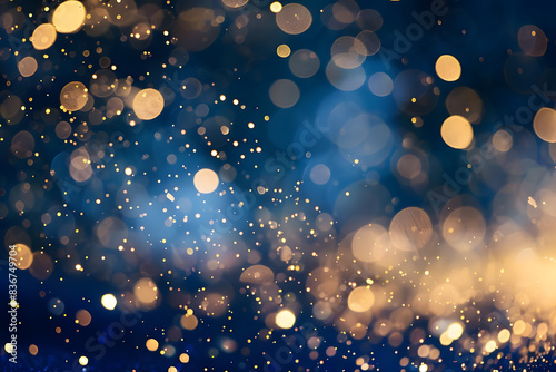 sparkling gold particles and deep blue glow, evoking festive elegance and celebration. generative ai