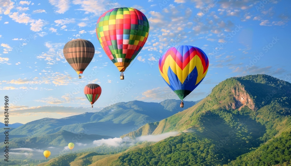 Fototapeta premium Rainbow Skies: Stunning Hot-Air Balloons Soaring Over the Mountain