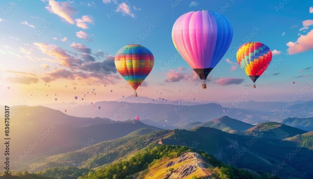 Fototapeta premium Ascending Splendor: A Spectacle of Colorful Hot-Air Balloons Soaring Over the Mountains - AR 7:4