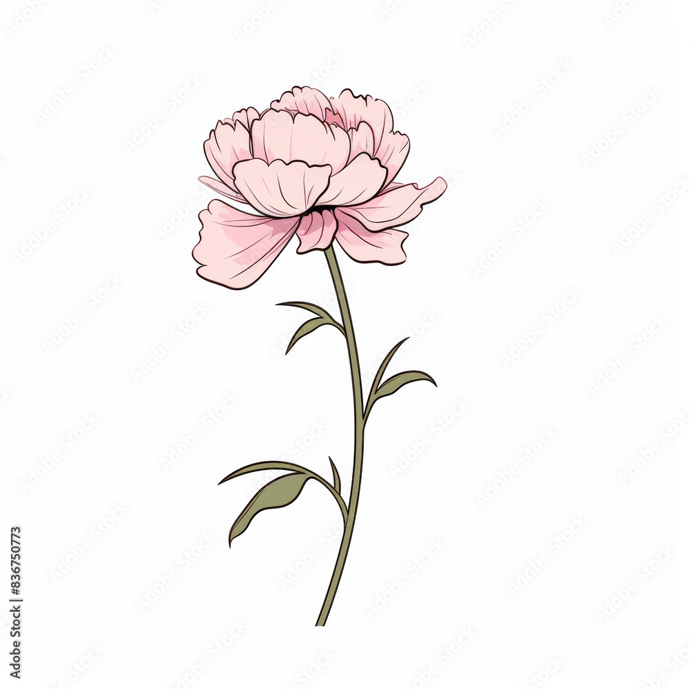 Obraz premium A single pink peony flower with stem and leaves on a white background.