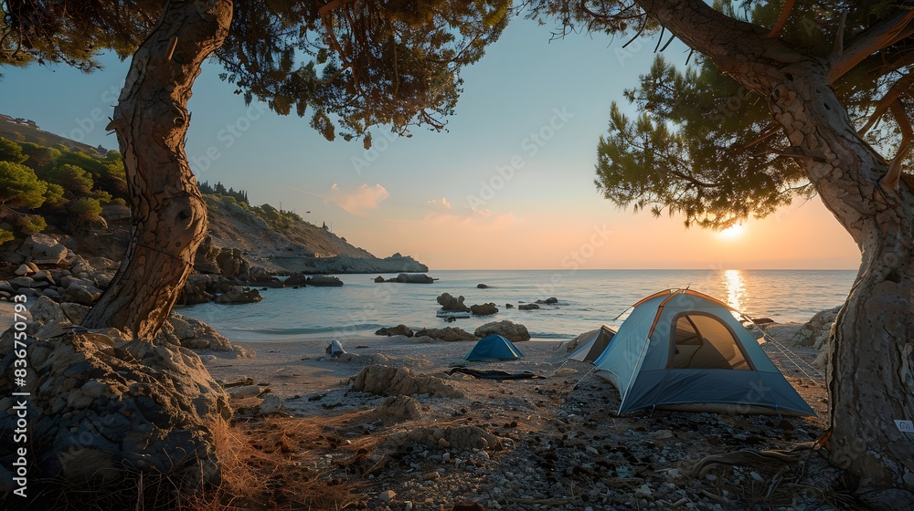 Fototapeta premium A picturesque camping site in nature with tents, On the beach, generated by AI