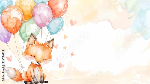 copy space, illustration, watercolor style, cute fox with balloons, birth card invitation. Template voor birth cards or birthday card, cute design.
