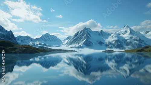  A serene mountain lake reflecting snow capped peaks under a clear sky