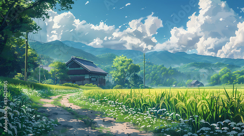 anime lofi style japanese farmer with nature landscape background