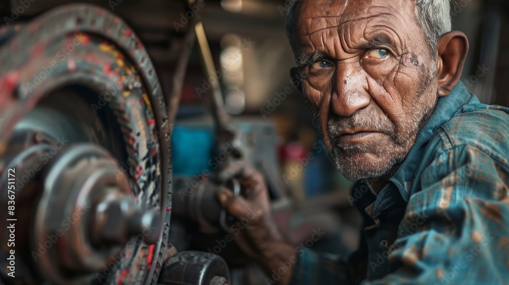 Detailed portrait of an aged craftsman skillfully working with machinery, highlighting his experienced hands and expressive face. Detailed portrait of an aged craftsman skillfully working with machinery, highlighting his experienced hands and expressive face.