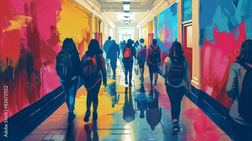 abstract education background of a university or school corridor with dynamic colours and students walking
