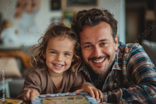 Fathers Day Board Games Focus on a father and child playing board games, both smiling and looking at the camera, with a living room background, empty space right for text