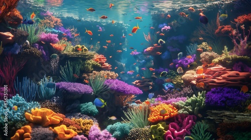 A vibrant coral reef teeming with colorful fish and marine life