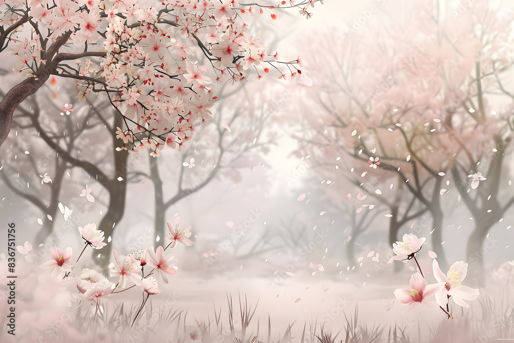 Fototapeta premium Cherry blossom garden in full bloom, delicate blooms filling the air with their sweet fragrance. Serene floral sanctuary