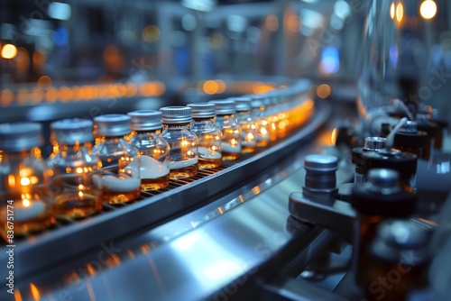 Pharmaceutical vials being filled, gleaming under bright factory lights, high-definition clarity.