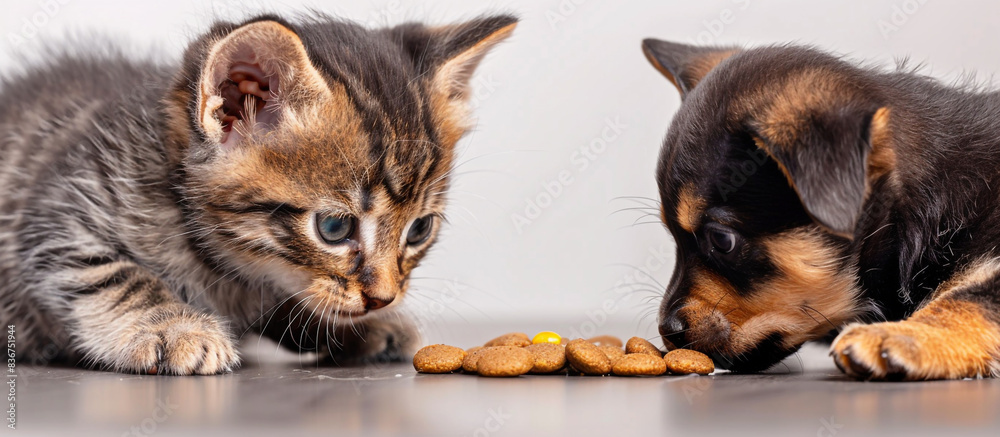 A close-up of a kitten and puppy sharing food on an isolated solid background, placed in the corner A close-up of a kitten and puppy sharing food on an isolated solid background, placed in the corner