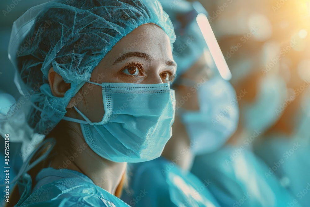 Labor Day Healthcare Workers Focus on healthcare workers attending to patients, with a hospital background, empty space center for text Labor Day Healthcare Workers Focus on healthcare workers attending to patients, with a hospital background, empty space center for text