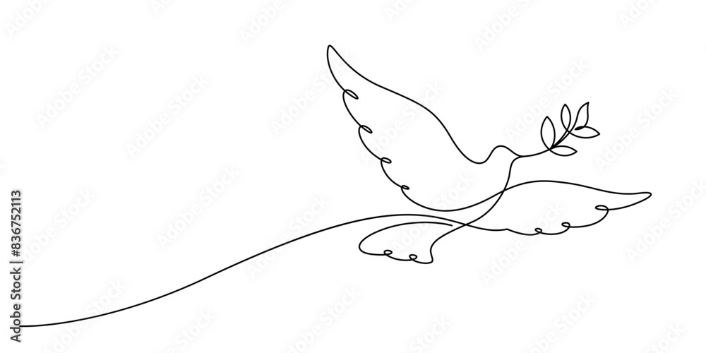 Fototapeta premium white dove flying with olive branch one line continuous