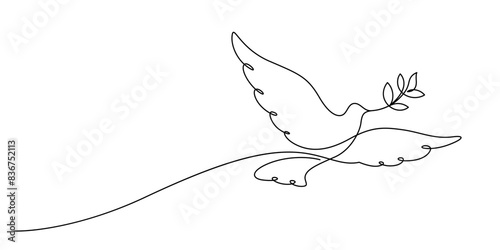 white dove flying with olive branch one line continuous