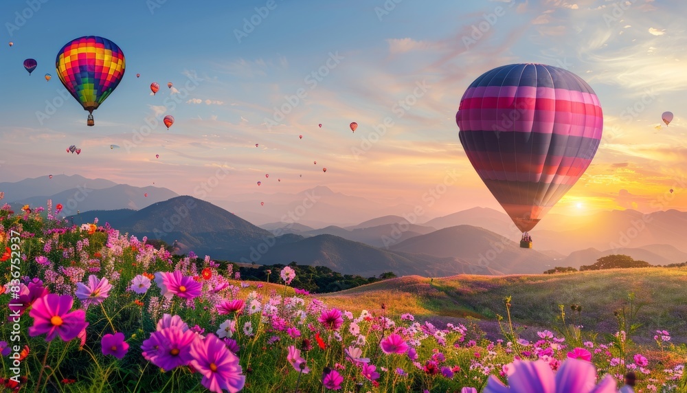 Fototapeta premium Sunset Magic: Vibrant Cosmos Flowers and Hot Air Balloons in a Field of Dreams