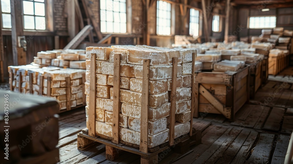 Warehouse scene with numerous crates of Camembert cheese, each meticulously packed and labeled, awaiting transport on an old wooden floor Warehouse scene with numerous crates of Camembert cheese, each meticulously packed and labeled, awaiting transport on an old wooden floor