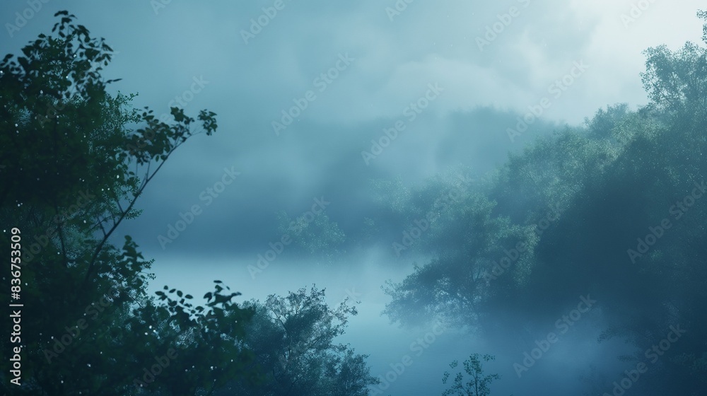 Naklejka premium A dense fog rolling over a tranquil forest, creating an ethereal atmosphere