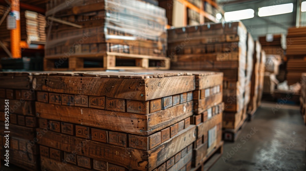 Stacked wooden crates filled with assorted pasta varieties, ready for shipment, set in a rustic warehouse Stacked wooden crates filled with assorted pasta varieties, ready for shipment, set in a rustic warehouse