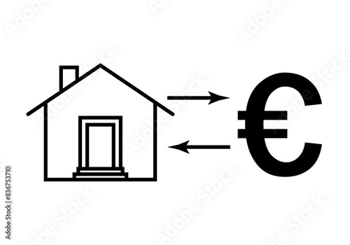 Icono negro de casa y euro separado por flechas representando la inversión, compra y venta de inmuebles.