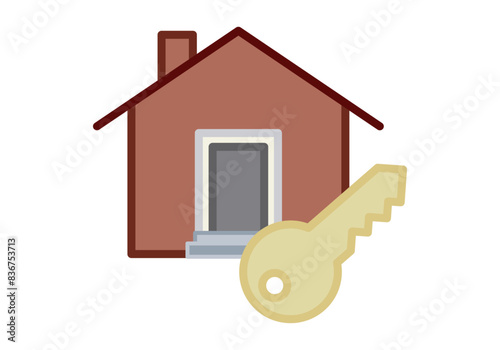 Casa roja con llave dorada representando la compra, venta o alquiler de una propiedad