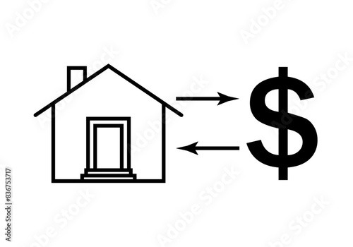 Icono negro de casa y dólar separado por flechas representando la inversión, compra y venta de inmuebles.
