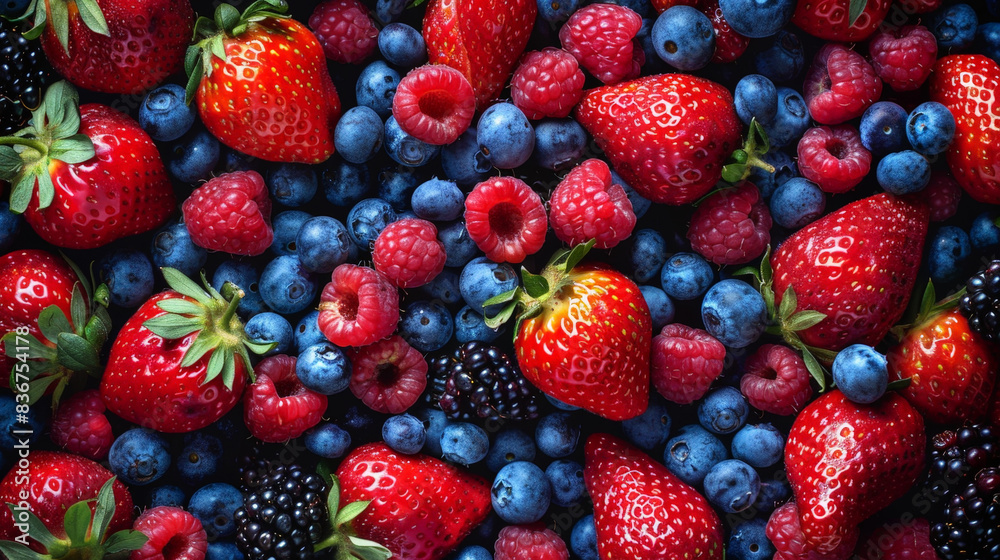 A close-up of a pile of mixed berries including red raspberries, blueberries, and blackberries A close-up of a pile of mixed berries including red raspberries, blueberries, and blackberries
