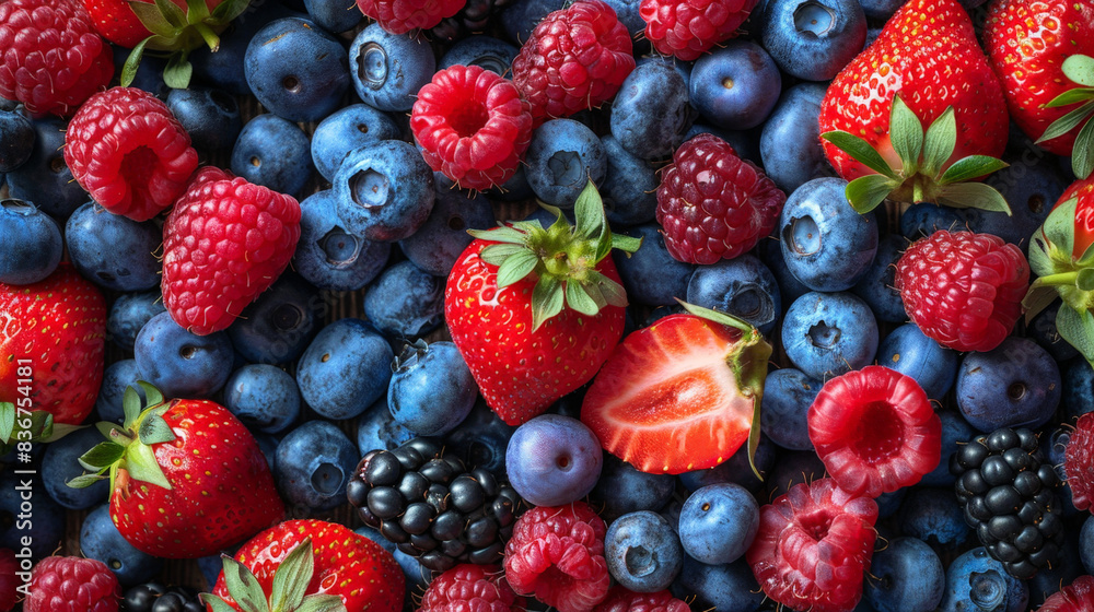 A scattering of fresh blueberries and red strawberries fills a small bowl A scattering of fresh blueberries and red strawberries fills a small bowl