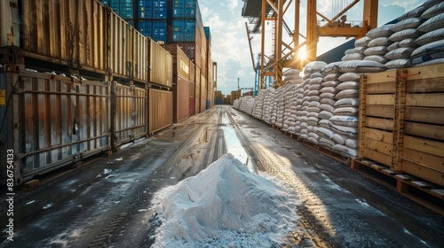 Salt crates lined up in an open-air storage area, surrounded by shipping containers and cranes photo