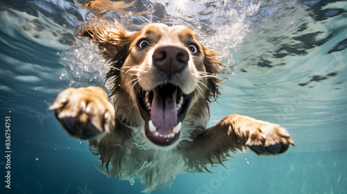 Close up to happy dog swimming. Bright Photo of adorable cute dog that is diving in the water with funny face