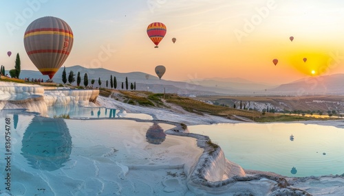 Marvels of Pamukkale: Hot Air Balloons and Natural Travertine Pools at Sunrise