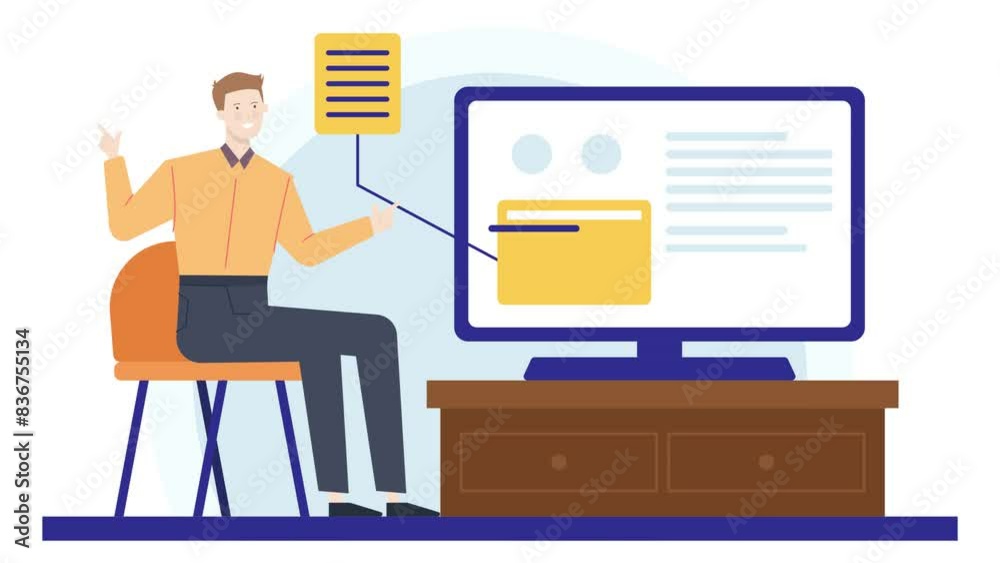 a man explaining new application on pc screen. business animated illustration. business animation video a man explaining new application on pc screen. business animated illustration. business animation video