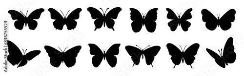 Flying butterflies silhouette black set isolated on white background.