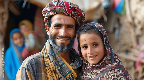 Algerian family. Algeria. Families of the World. A smiling man and a young girl in traditional attire pose in front of a blurry background that hints at a lively, cultural setting . #fotw photo