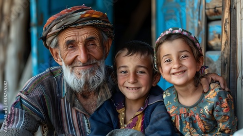 Armenian family. Armenia. Families of the World. A smiling elderly man adorned in a traditional hat poses with two cheerful young children by a wooden doorway. .  fotw © Vivid Canvas