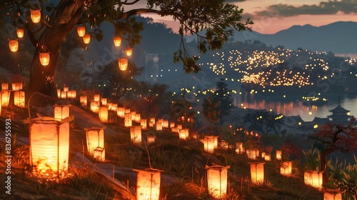 A scenic hillside dotted with glowing lanterns during Obon festival.