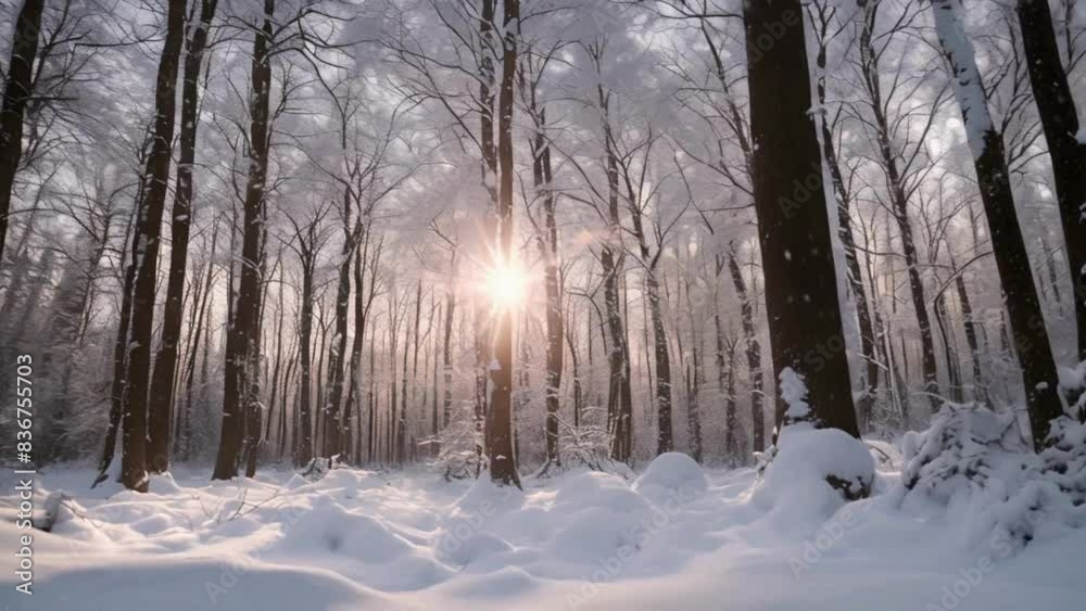 Timelapse of a snowy forest during winter, peaceful and serene styling with falling snowflakes Timelapse of a snowy forest during winter, peaceful and serene styling with falling snowflakes