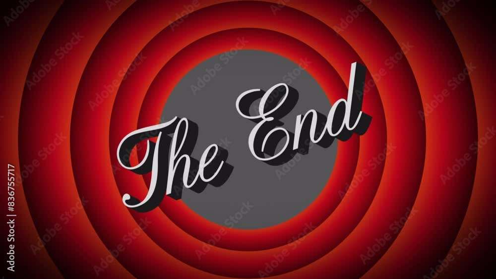 Cartoon style animation isolated by the alpha channel usable for the end of videos.Drag and drop use.Red circles zooming in with bounce back effect.the end text in vintage style.