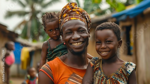 Beninese family. Benin. Families of the World. A happy family moment captured with a smiling man and two children in a vibrant village setting.. #fotw photo