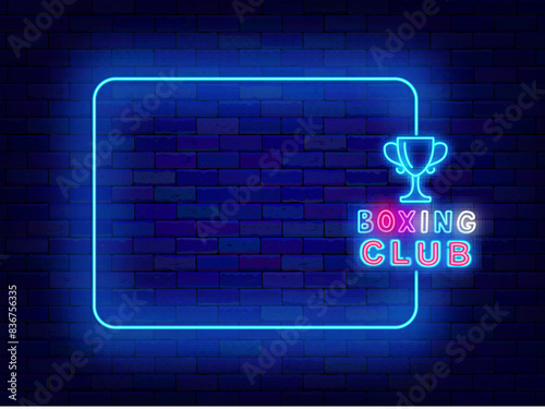 Bowling club neon promotion template. Sport game with ball and skittles. Empty blue frame and colorful typography. Winner cup. Shiny announcement. Copy space. Editing text. Vector stock illustration