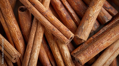 A close-up of cinnamon sticks, showcasing their textured surface and warm brown hues. Perfect for culinary, spice, and flavor-themed visuals, emphasizing natural ingredients and aromatic qualities