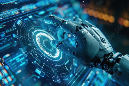 A robotic hand interacting with a high-tech digital interface, representing artificial intelligence technology, and futuristic innovation. The interface glows with blue and neon lights, AI-generated