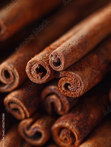 A macro shot of tightly rolled cinnamon sticks, showcasing their intricate texture and rich brown color. Perfect for culinary, spice, and food photography themes, AI-generated