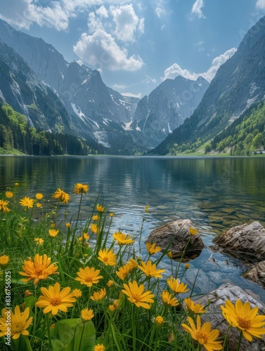 Gosau Lake in Austria, surrounded by mountains and yellow flowers, with cinematic photography AI generated