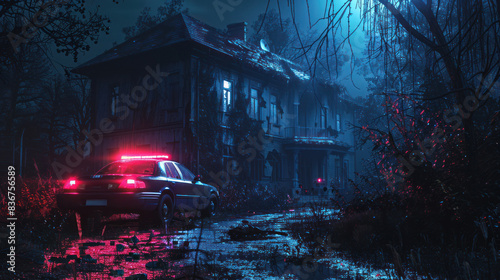 A police car with flashing lights parked outside an eerie, abandoned mansion at night. The scene is dark, with a suspenseful, horror-like atmosphere, AI-generated