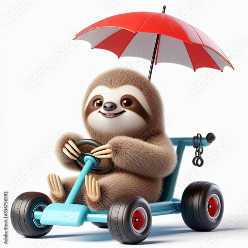 cute sloth riding gocart cartoon, 3d Generative AI
