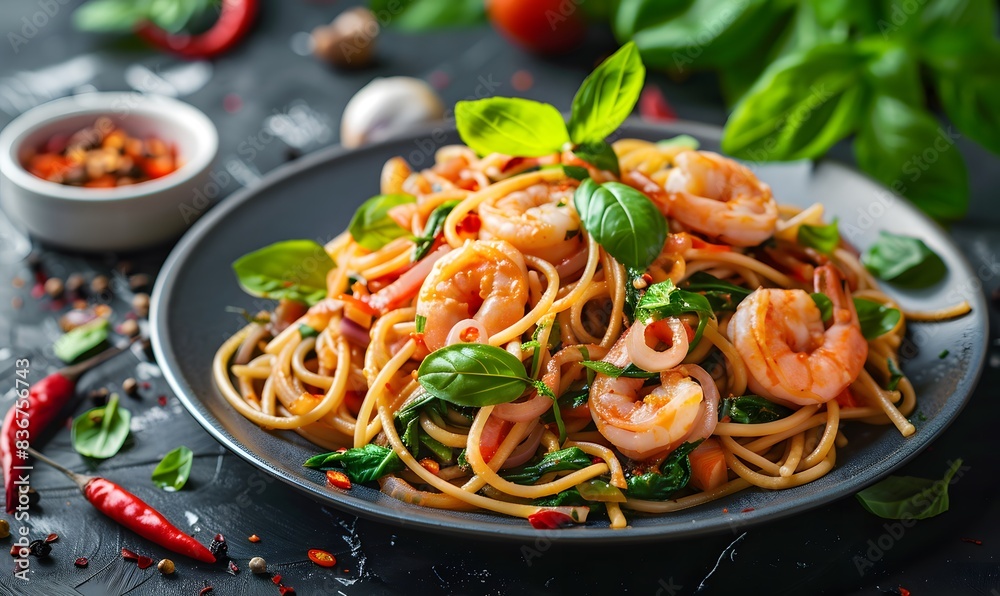 Spicy stir fried seafood spaghetti, Generative AI Spicy stir fried seafood spaghetti, Generative AI