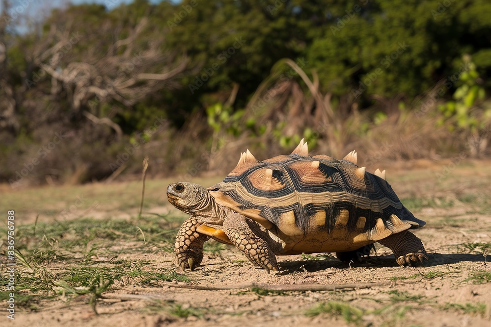 Radiated tortoise walking on ground, Astrochelys radiata. Critically ...