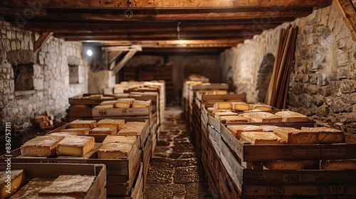 Rows of crates packed with Camembert cheese, ready for export, in a traditional cheese cellar with stone walls and wooden beams
