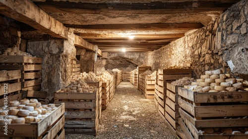 Wallpaper Mural Rows of crates packed with Camembert cheese, ready for export, in a traditional cheese cellar with stone walls and wooden beams Torontodigital.ca